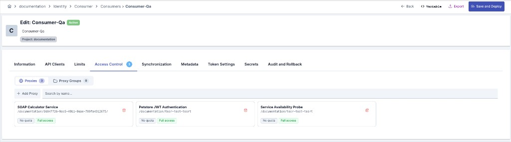 Edit Consumer Access Control tab with Proxies list and Add Proxy button
