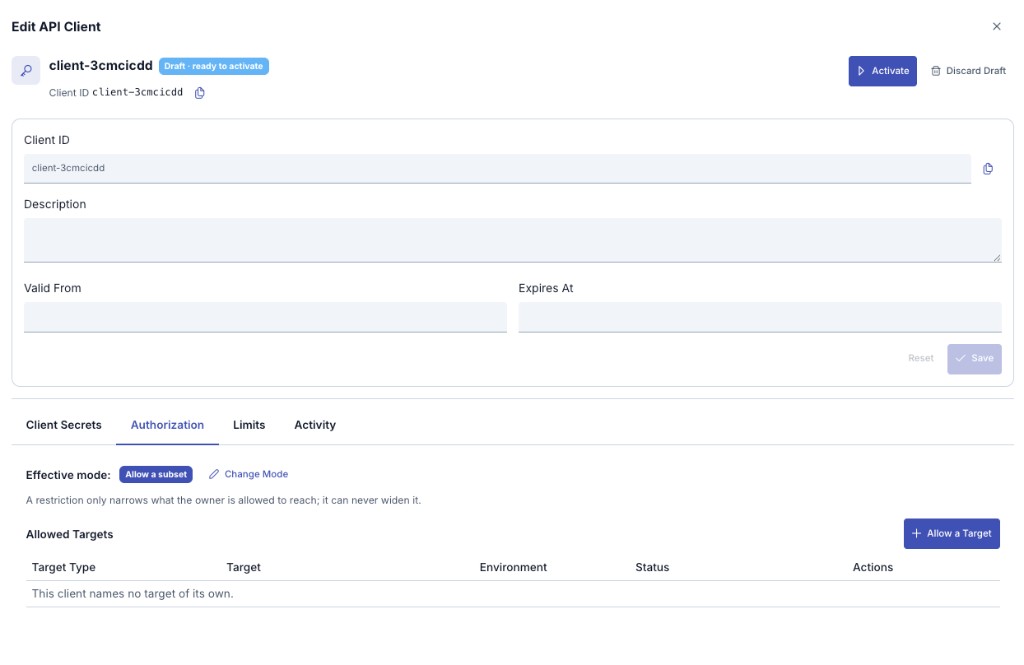 Edit API client: validity fields and Authorization sub-tab in Allow a subset mode