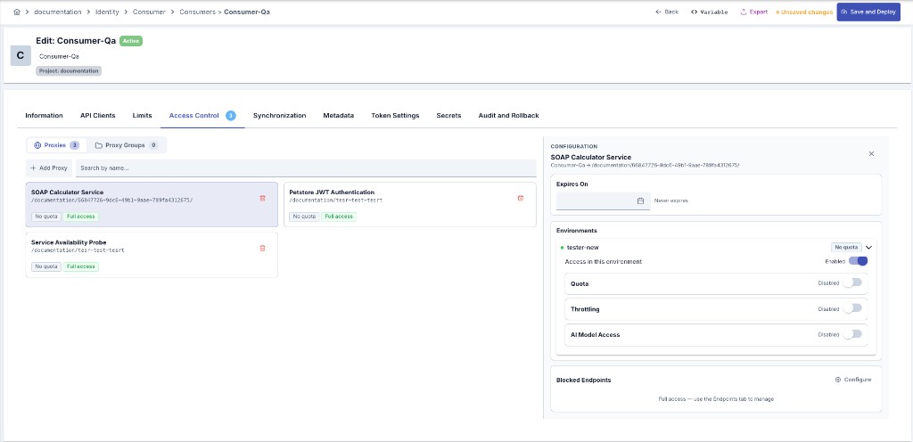Access Control tab with an API Proxy selected and right-side configuration panel for quota, throttling, and AI Model Access