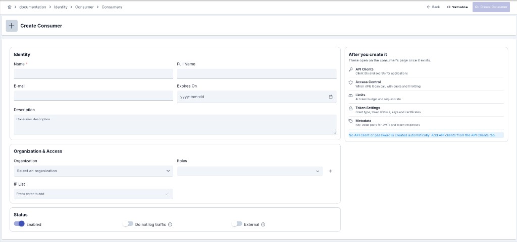 Create Consumer form with Identity, Organization and Access, Status, and After you create it panel
