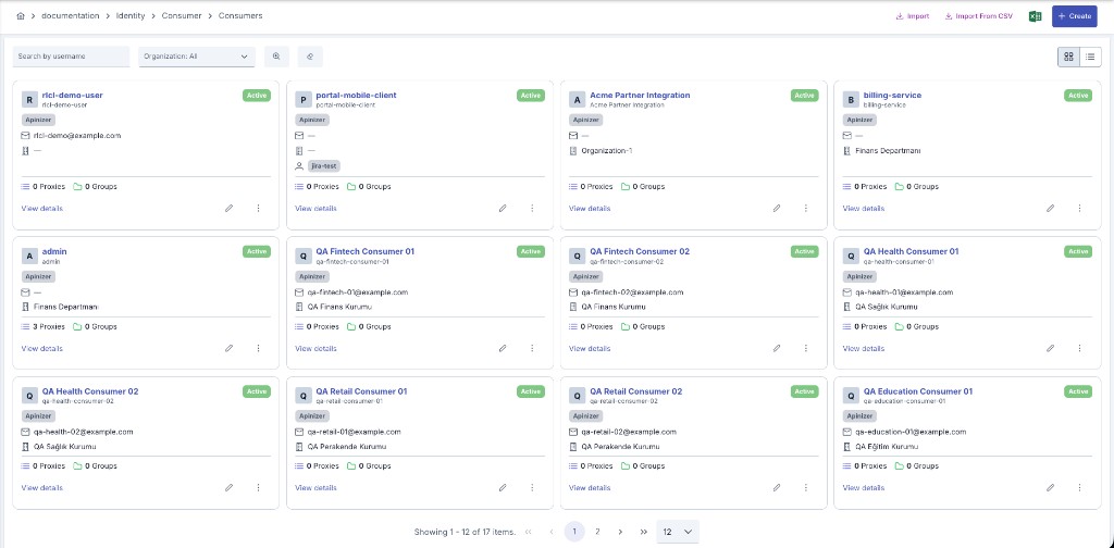 Consumer list card view with source tag, status, organization, roles, and portal badge