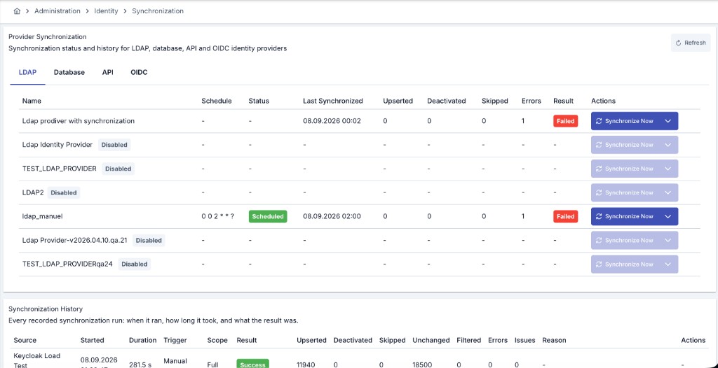 Kimlik Senkronizasyonu ekranı: LDAP Database API OIDC sekmeleri, sağlayıcı tablosu ve senkronizasyon geçmişi
