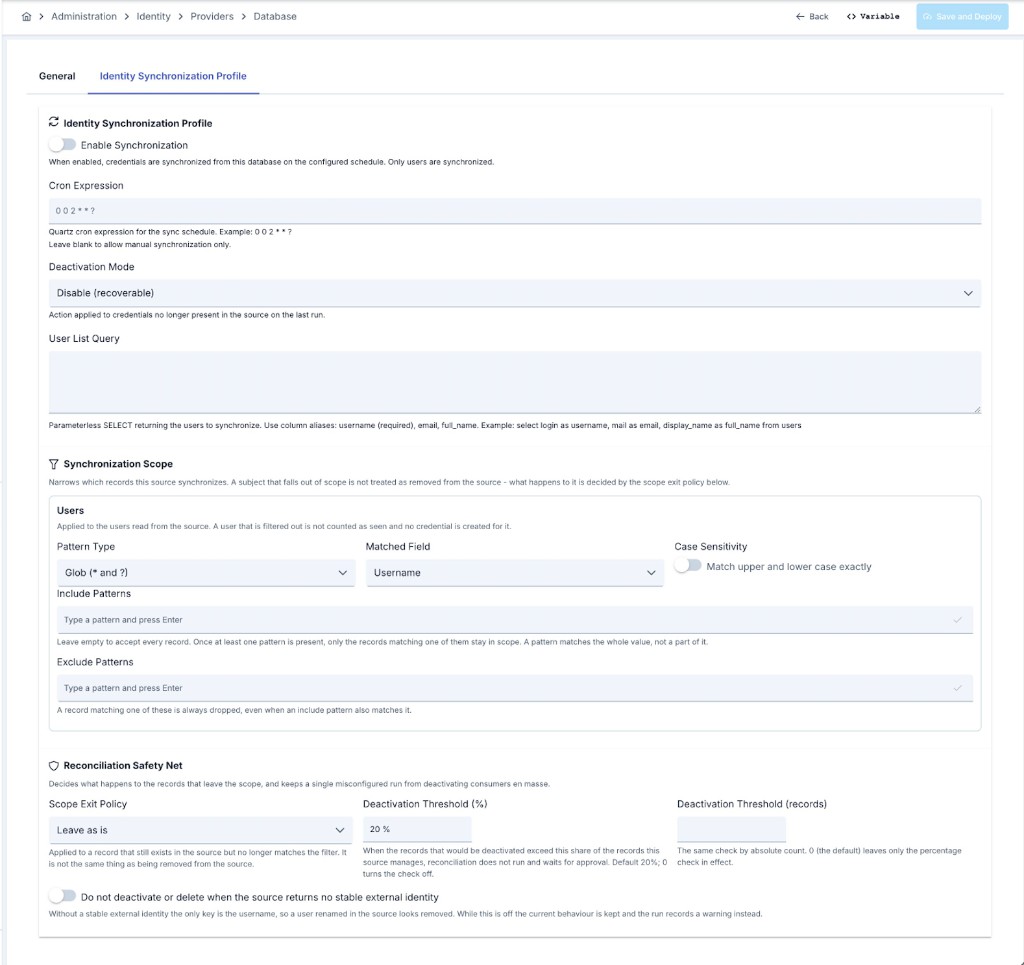 Database sağlayıcı Identity Synchronization Profile sekmesi: cron, deaktivasyon modu, senkronizasyon kapsamı ve uzlaştırma emniyet ağı