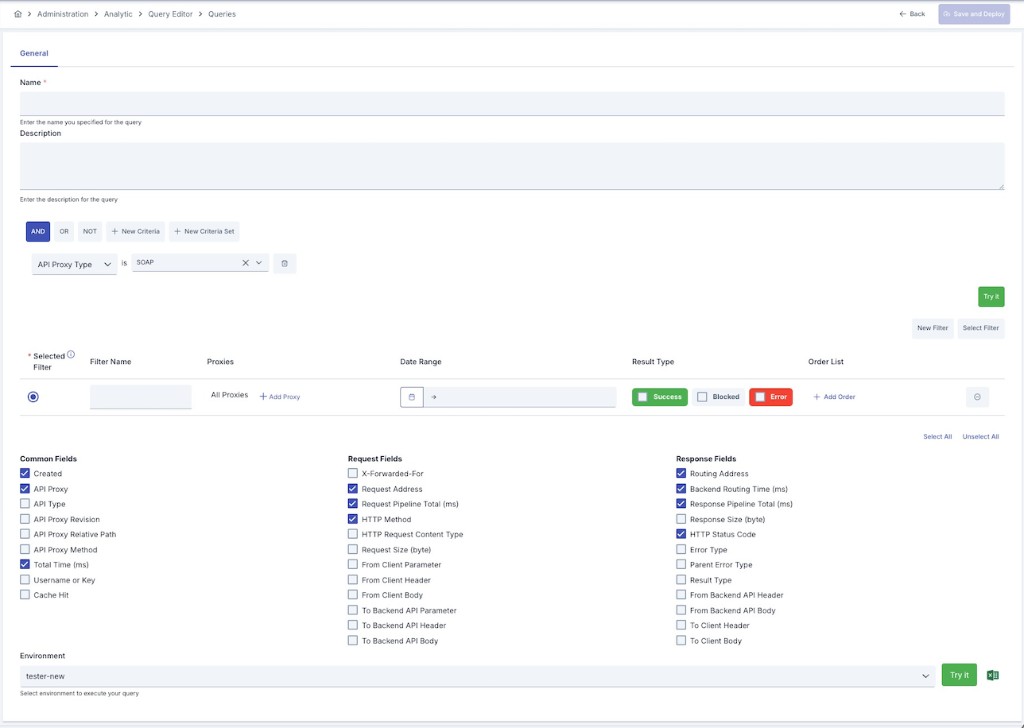 Query Editor edit screen: Name, Conditions, Filters, Query Result Fields, and Test section