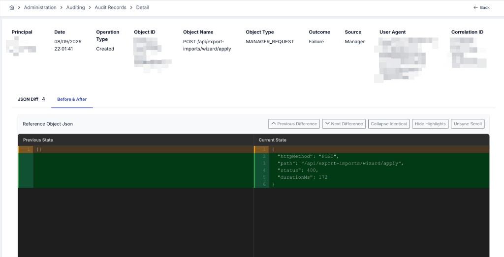 Audit record detail screen with Outcome, Source, User Agent, Correlation ID, and JSON Diff comparison