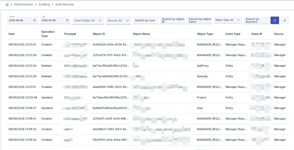 Audit Records list screen with filter bar and table showing Source, Client IP, and Event Type columns