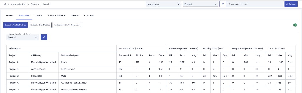 Metrics — Endpoints tab, Endpoint Traffic Metrics sub-report, and method/endpoint table