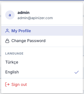 Top bar account menu — My Profile, Change Password, language, and Sign out
