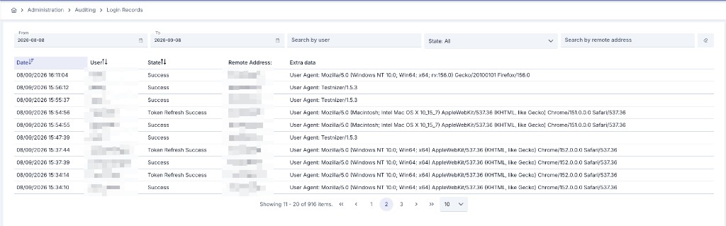 Login Records list screen with Date, User, State, Remote Address, and Extra data columns