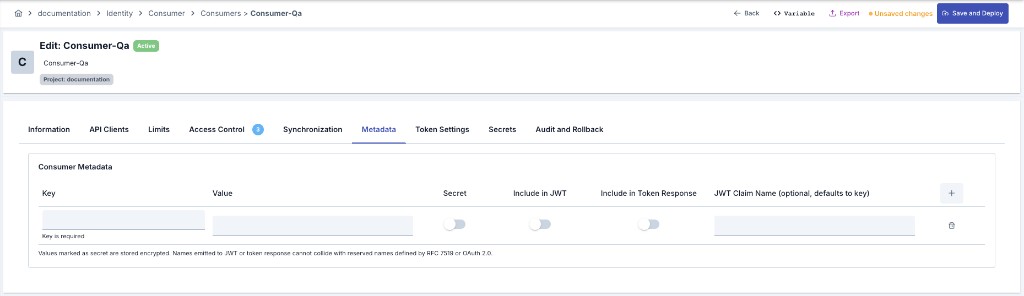 Edit Consumer Metadata tab with key/value table and JWT and token response options