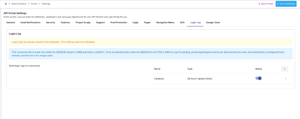 API Portal Login Log tab with always-saved warning and connector table