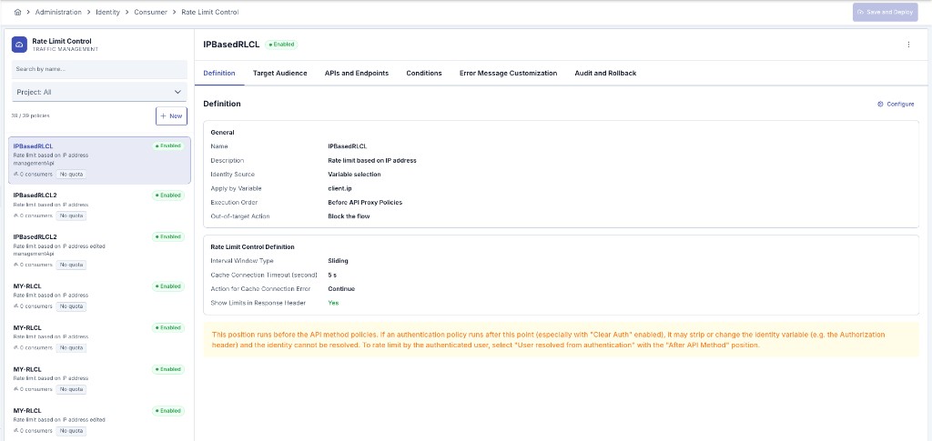 Rate Limit Control master-detail console — left record list and Definition tab