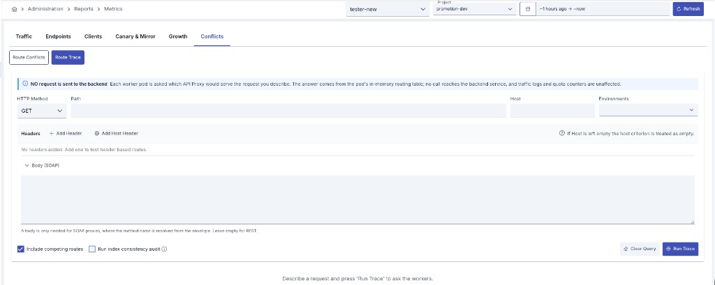Metrics — Conflicts tab, Route Trace request form