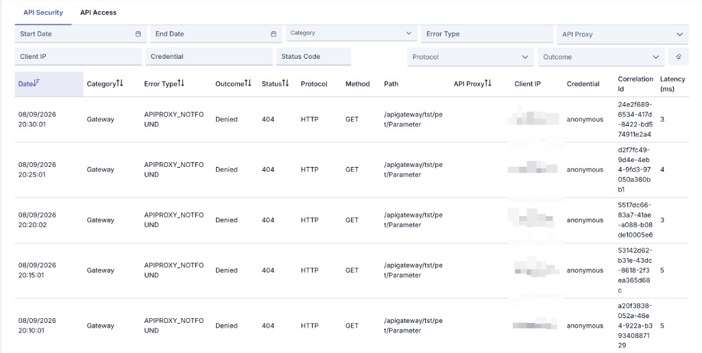 Security Events API Security tab with filter bar and results table