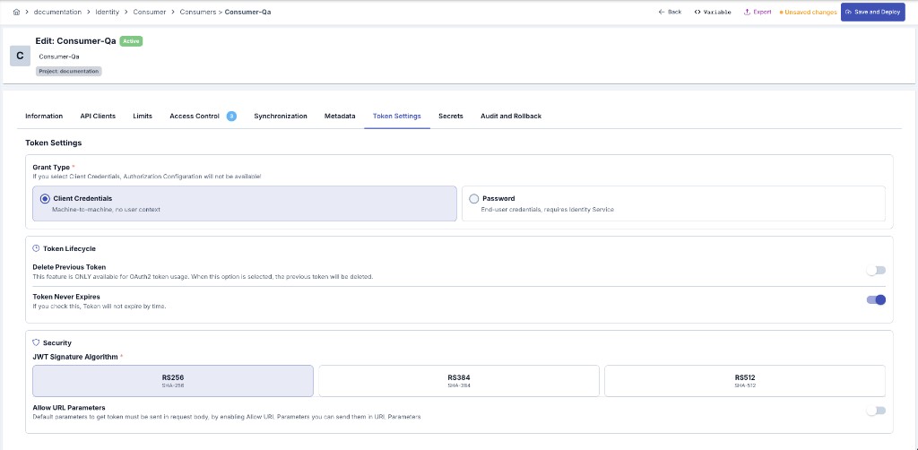 Token Settings tab with Grant Type, Token Lifecycle, and Security sections