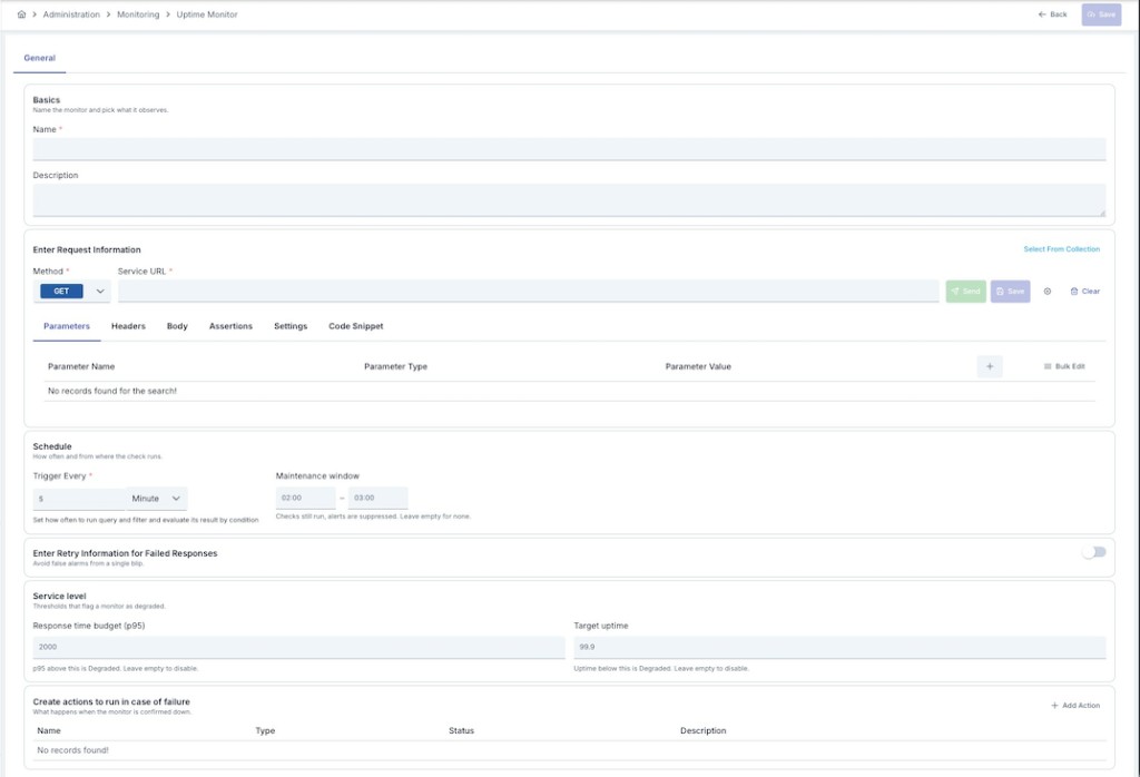 Uptime Monitor — General form with Schedule, Maintenance window, and Service level sections