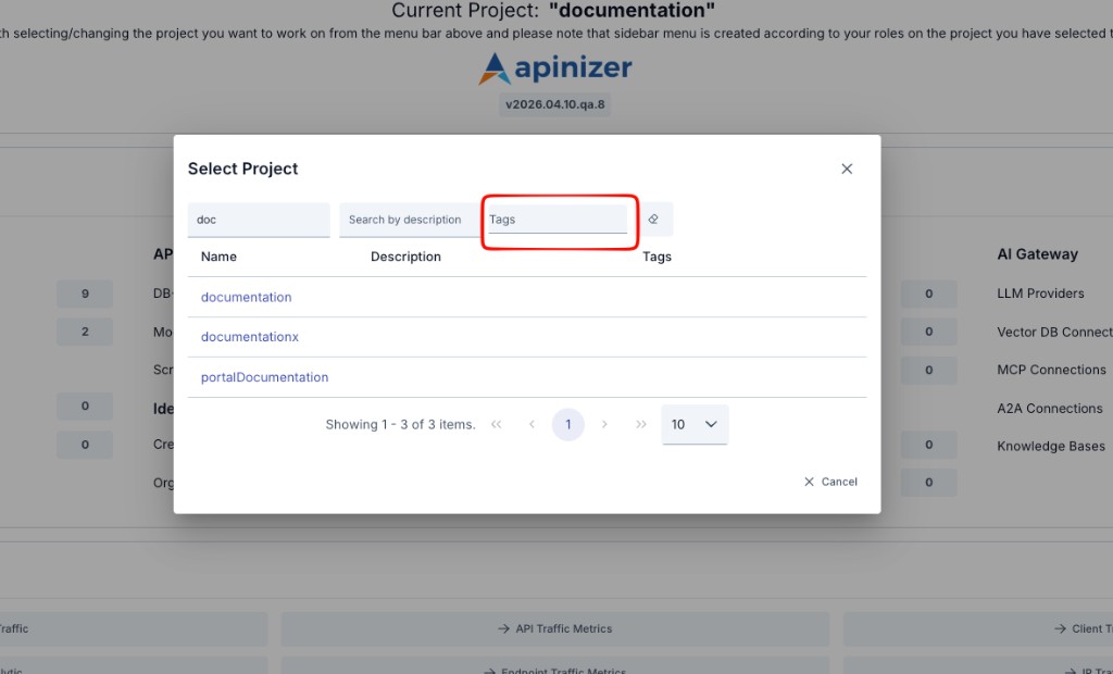 Tags filter in the project selection window