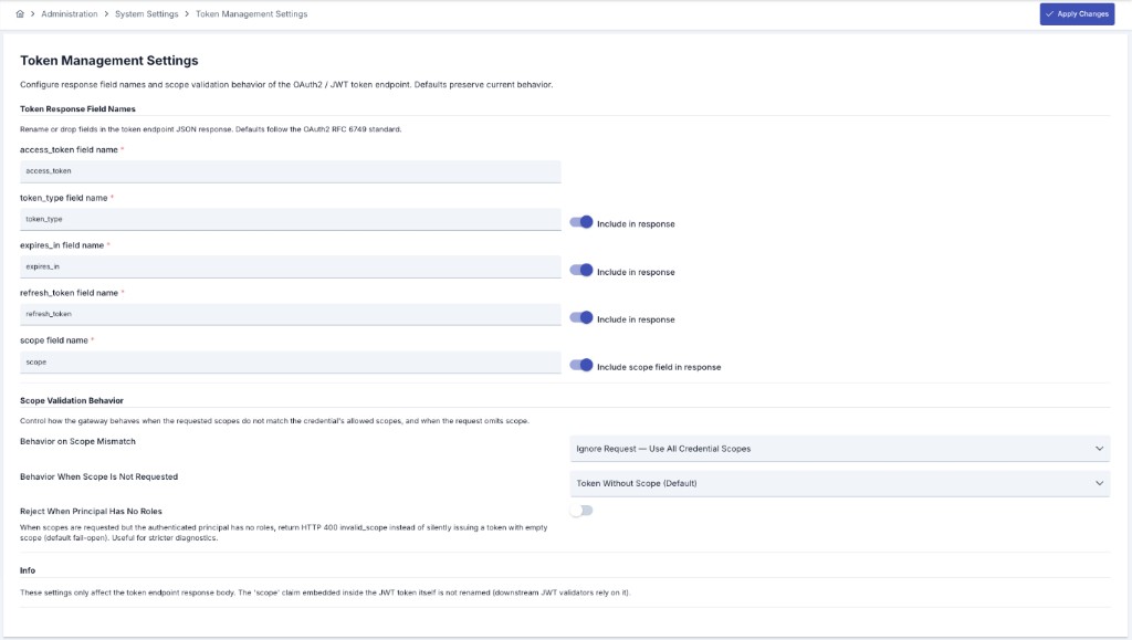Token Management Settings screen