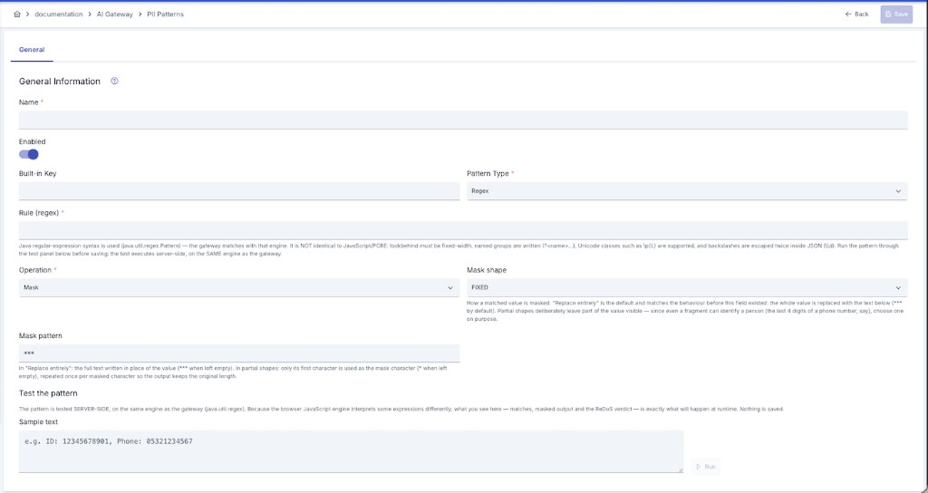 PII Pattern Create form — Pattern Type, Rule, Operation, and Mask settings