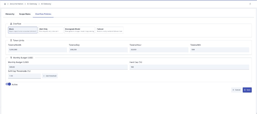 Token Quotas — Overflow Policies, token limits, and monthly budget