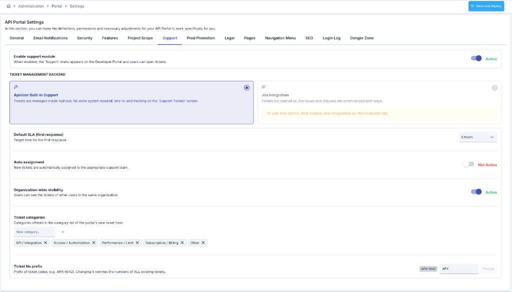 API Portal Settings — Support sekmesi