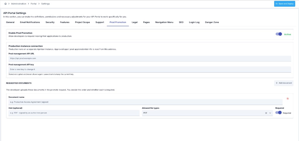 API Portal Settings — Prod Promotion sekmesi
