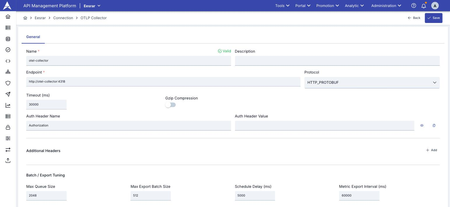 OTLP Collector connector form in the Apinizer Manager — Name, Endpoint base URL, Protocol, Auth Header, and batch-tuning fields
