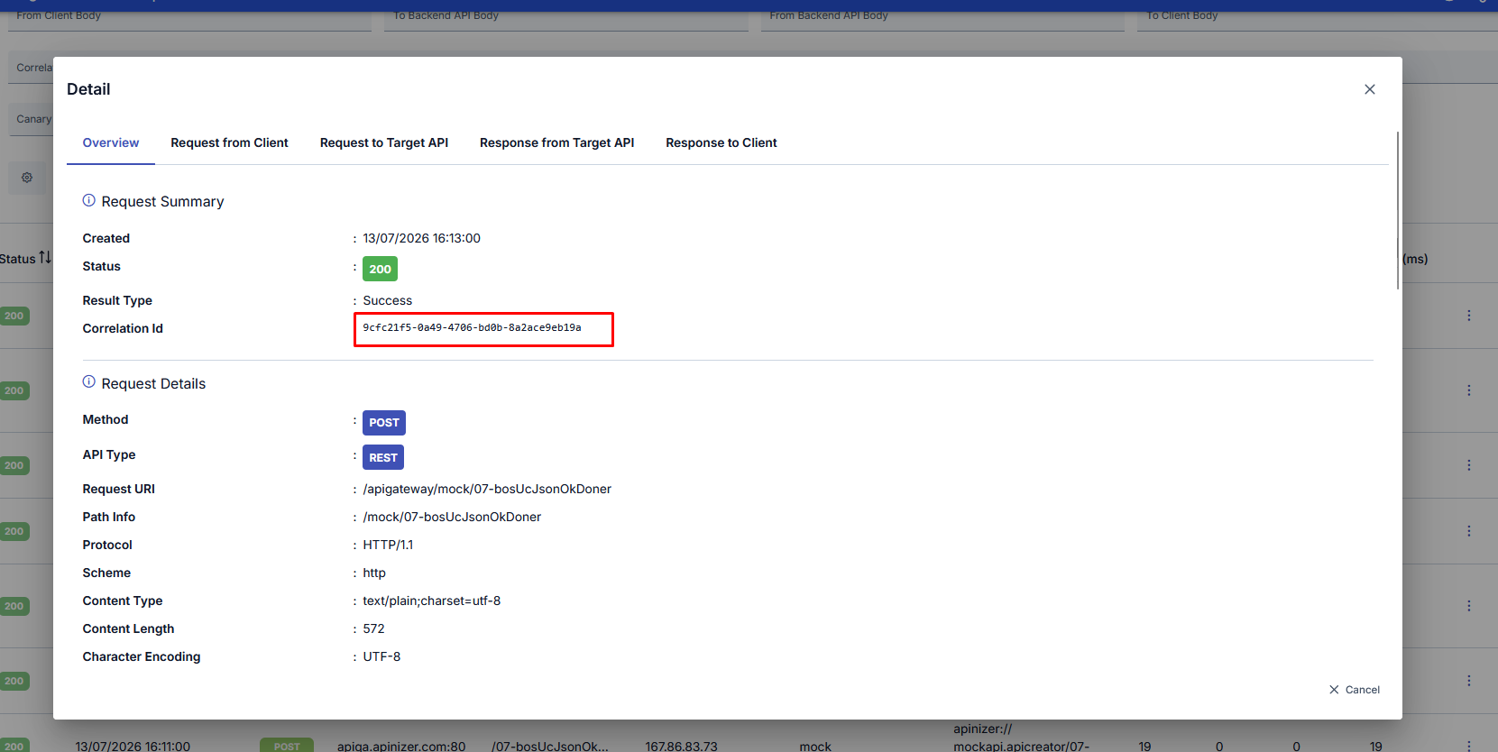 The Correlation Id field on the Apinizer request detail screen: a unique request identifier starting with 9cfc21f5