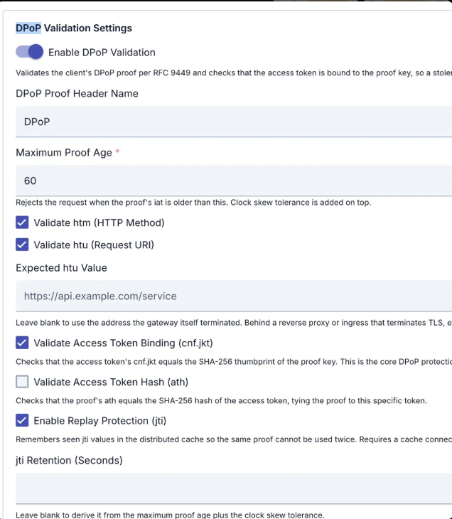 Apinizer JOSE Validation politikasındaki DPoP doğrulama ayarları: proof header adı, maksimum proof yaşı, htm/htu doğrulama, cnf.jkt binding, ath ve jti replay koruması