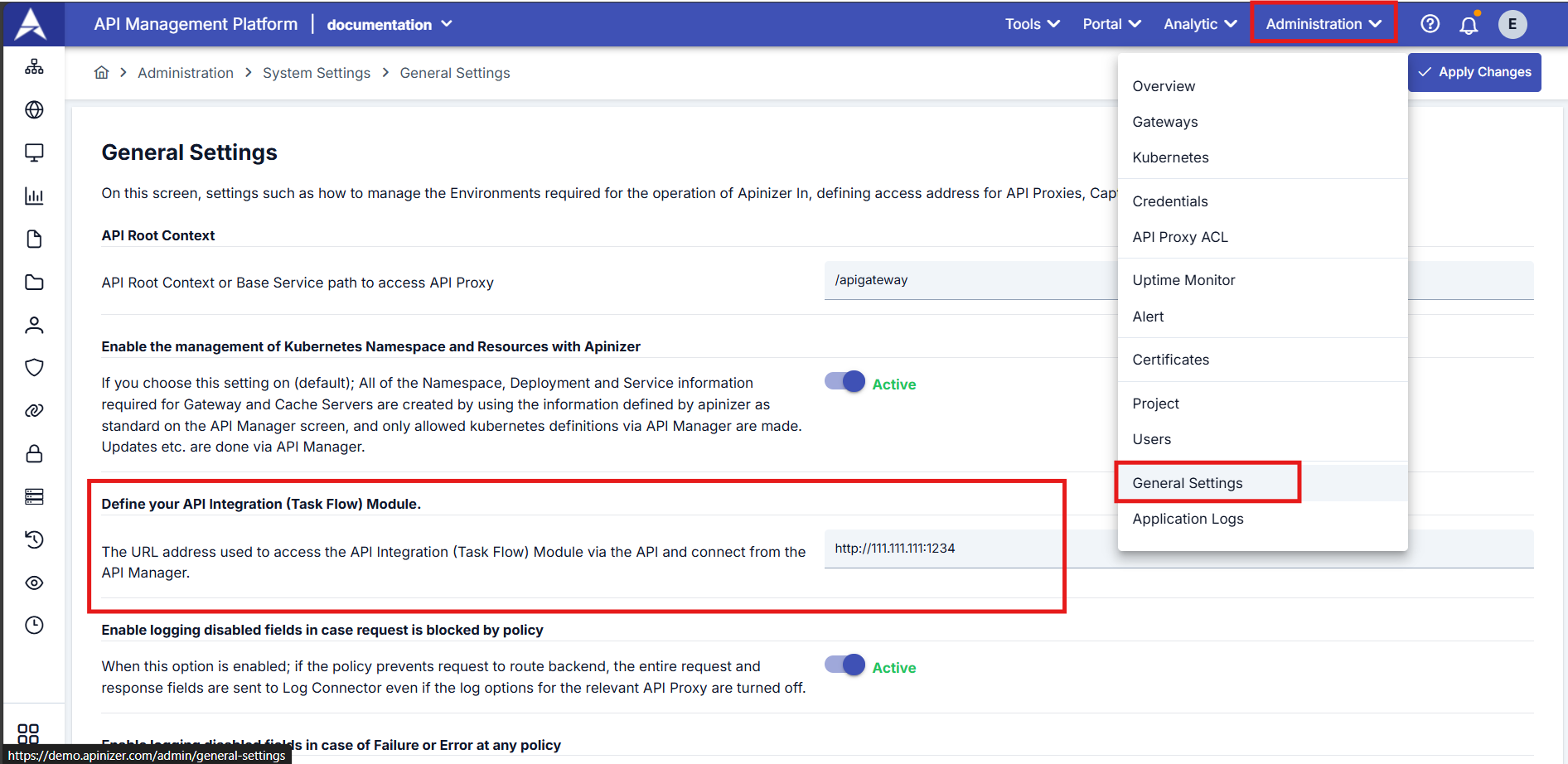 API Integrator Settings
