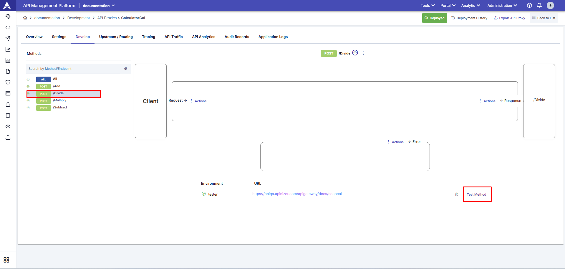 Test Method screen displaying SOAP endpoints