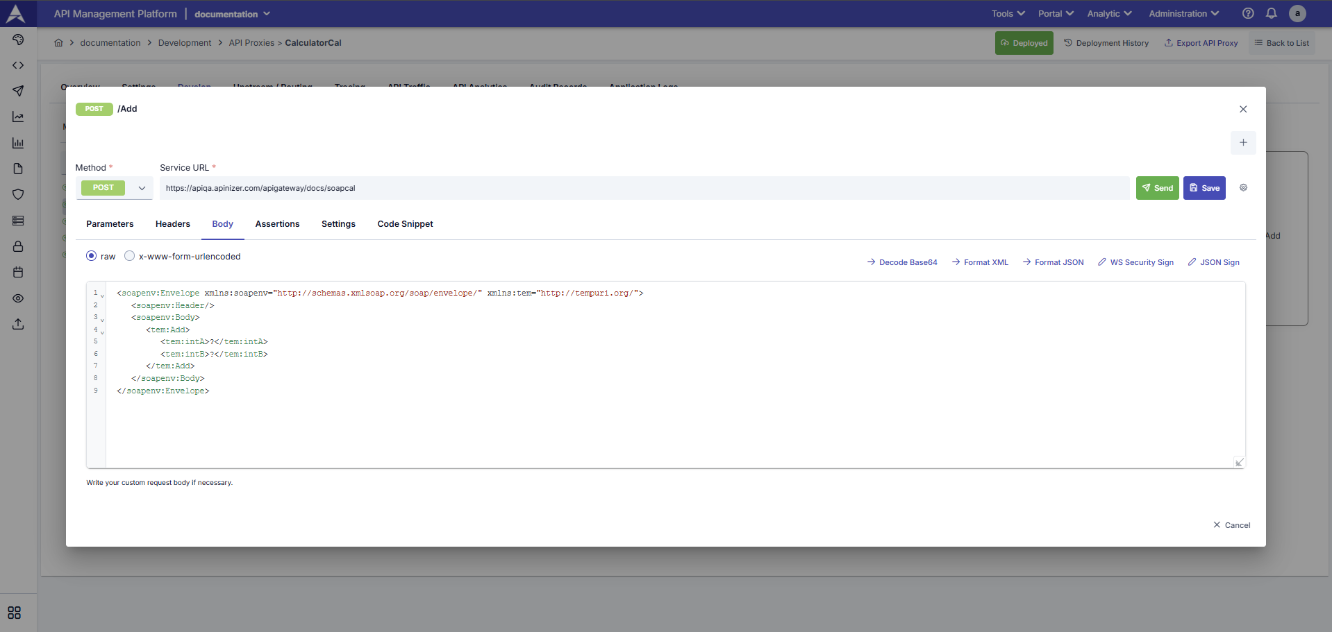 Screen showing manual testing of SOAP services using XML (SOAP Envelope)