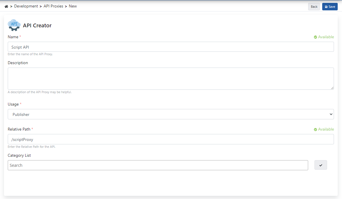 API Proxy Creation Screen