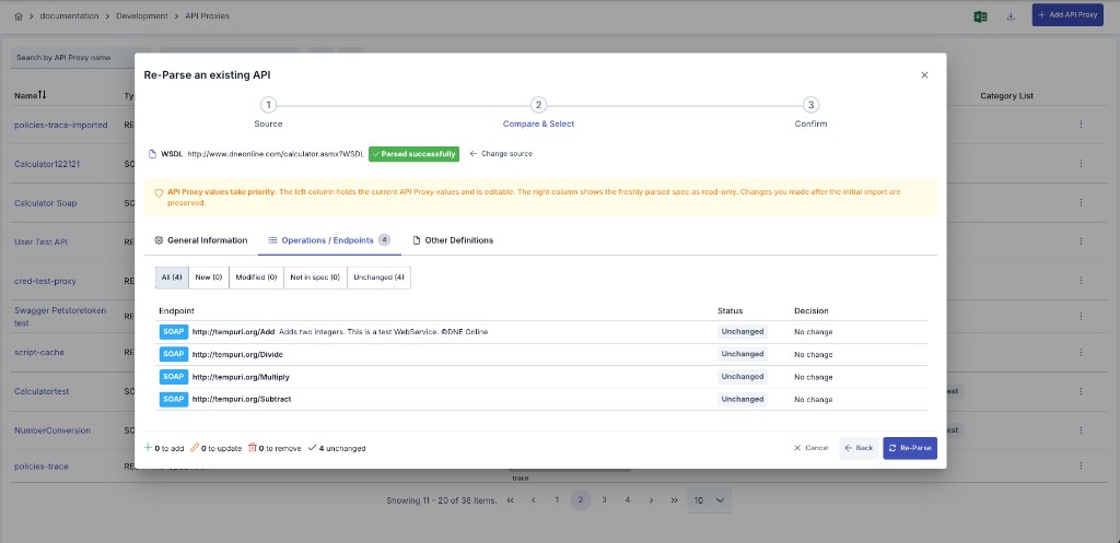 Reparse wizard — Operations / Endpoints tab