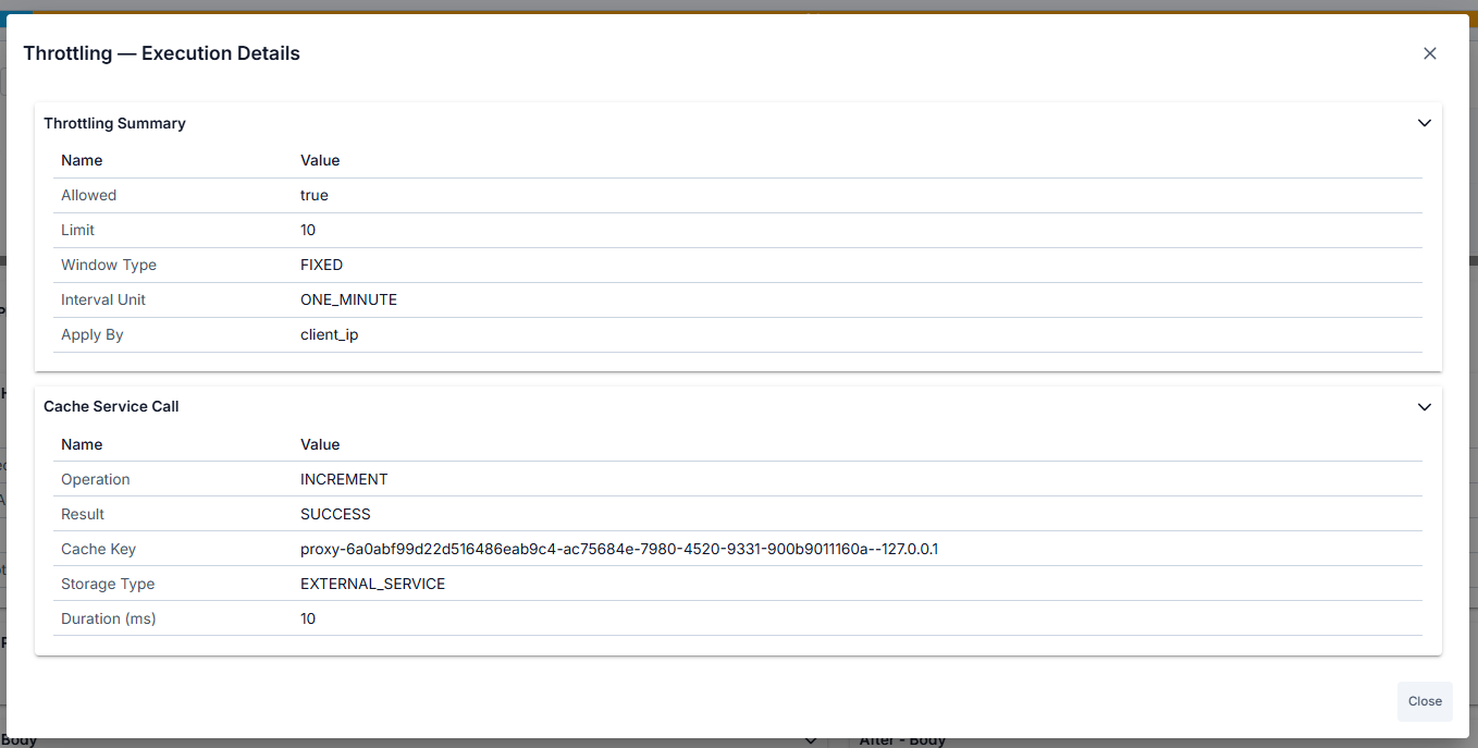 Trace — Cache policy selected, Cache Execution Details button