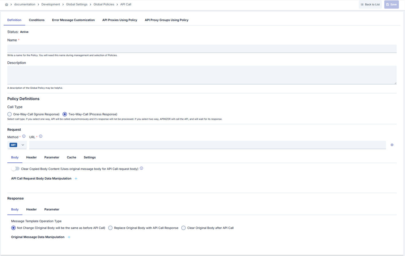 API Call Policy Configuration