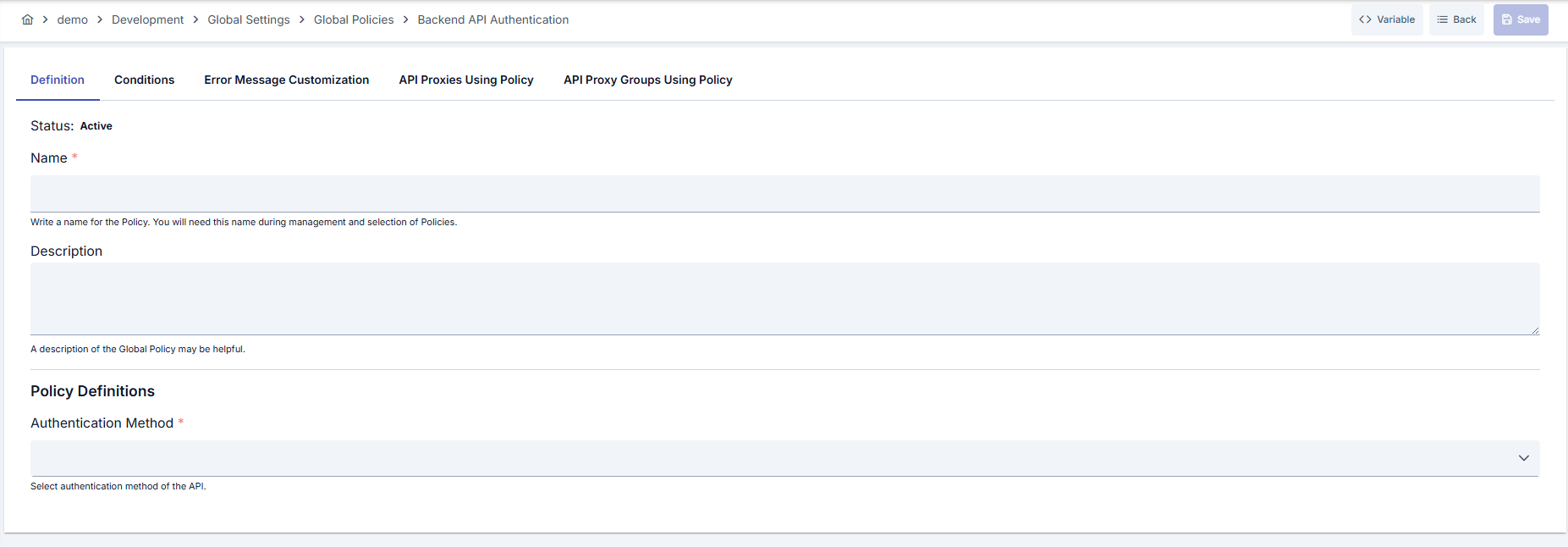 Backend API Authentication Policy Configuration