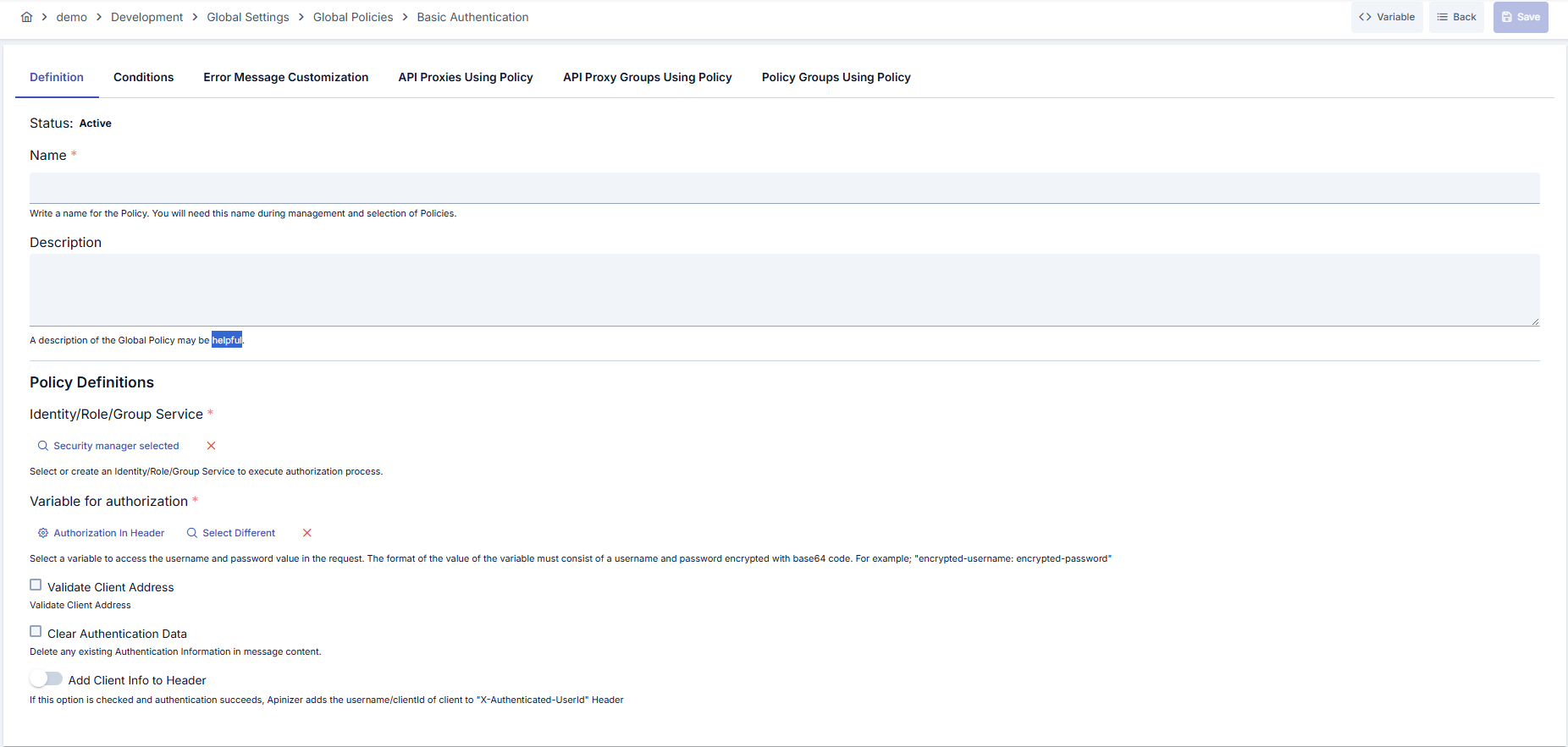 Basic Authentication Policy Configuration
