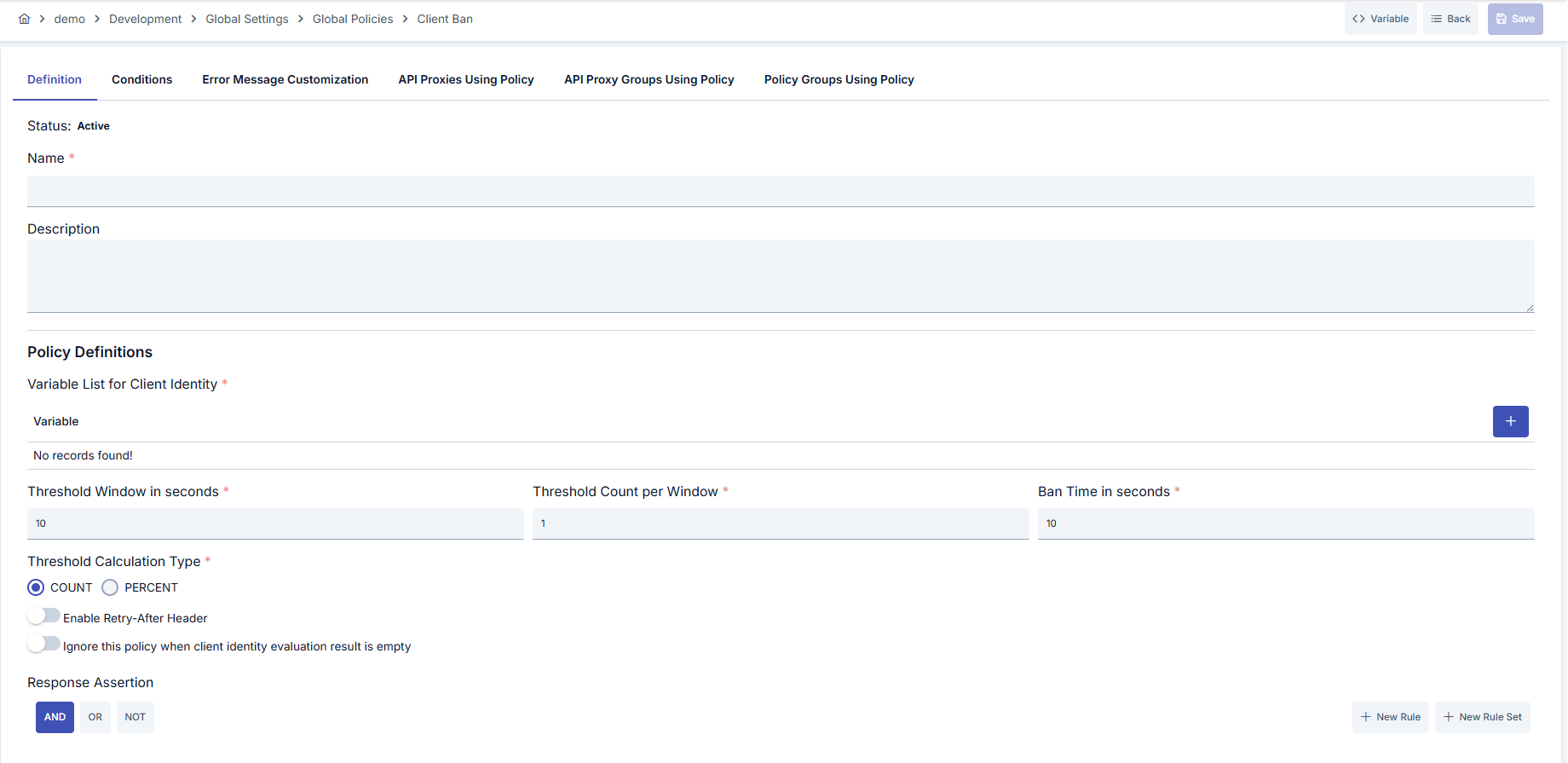 Client Ban Policy Configuration