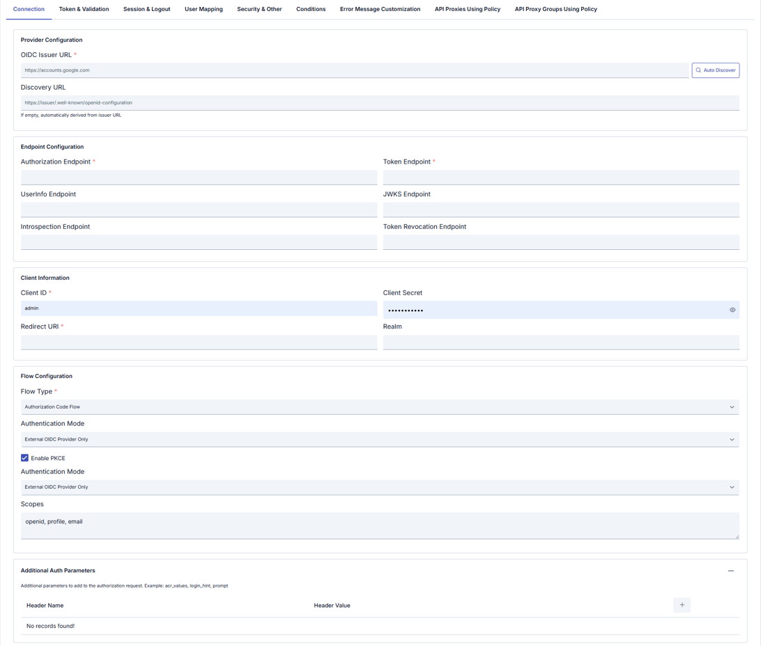 OIDC Connection: provider, endpoints, client, and flow