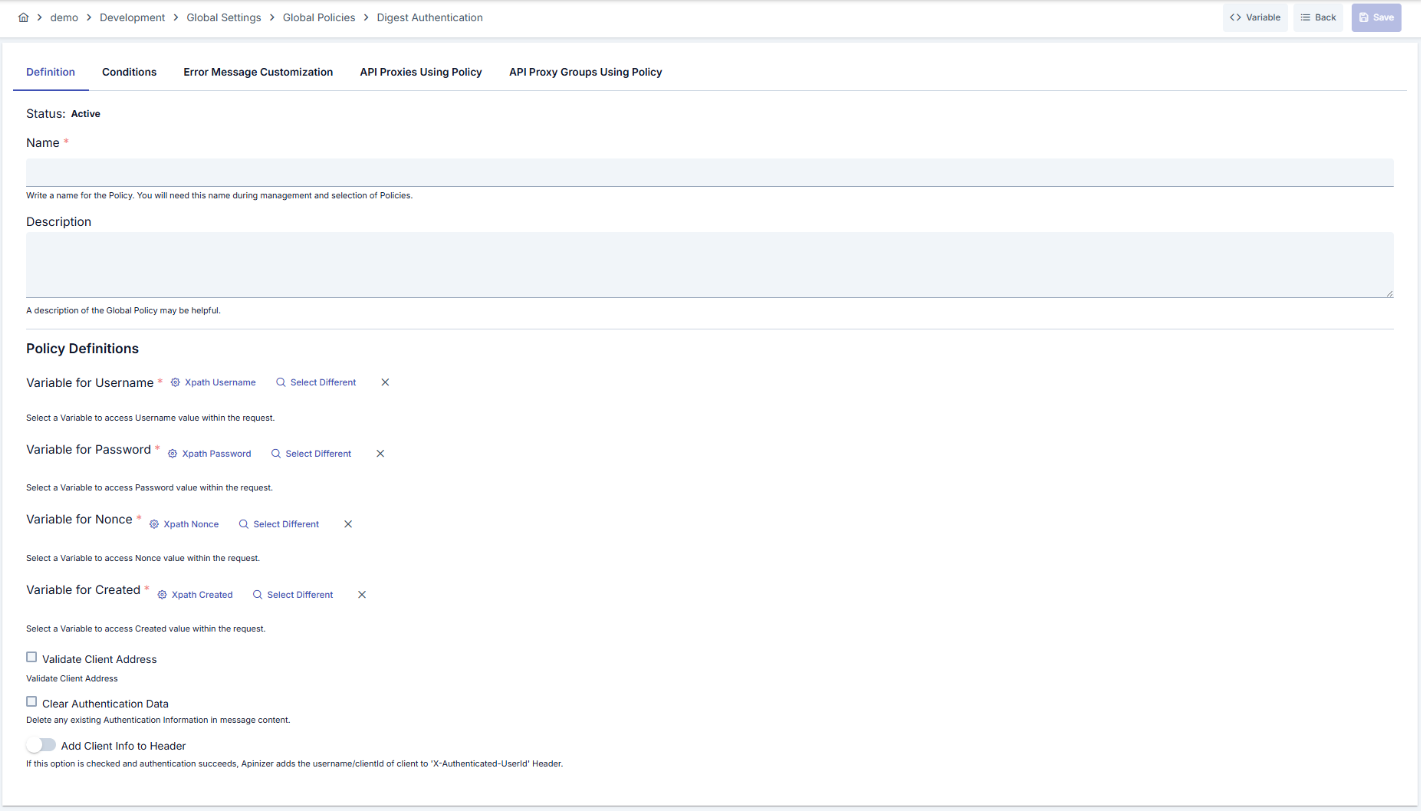 Digest Authentication Policy Configuration