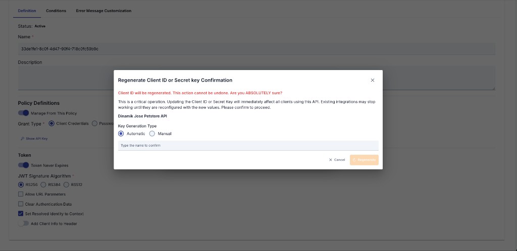 Regenerate Client Id or Client Secret confirmation dialog