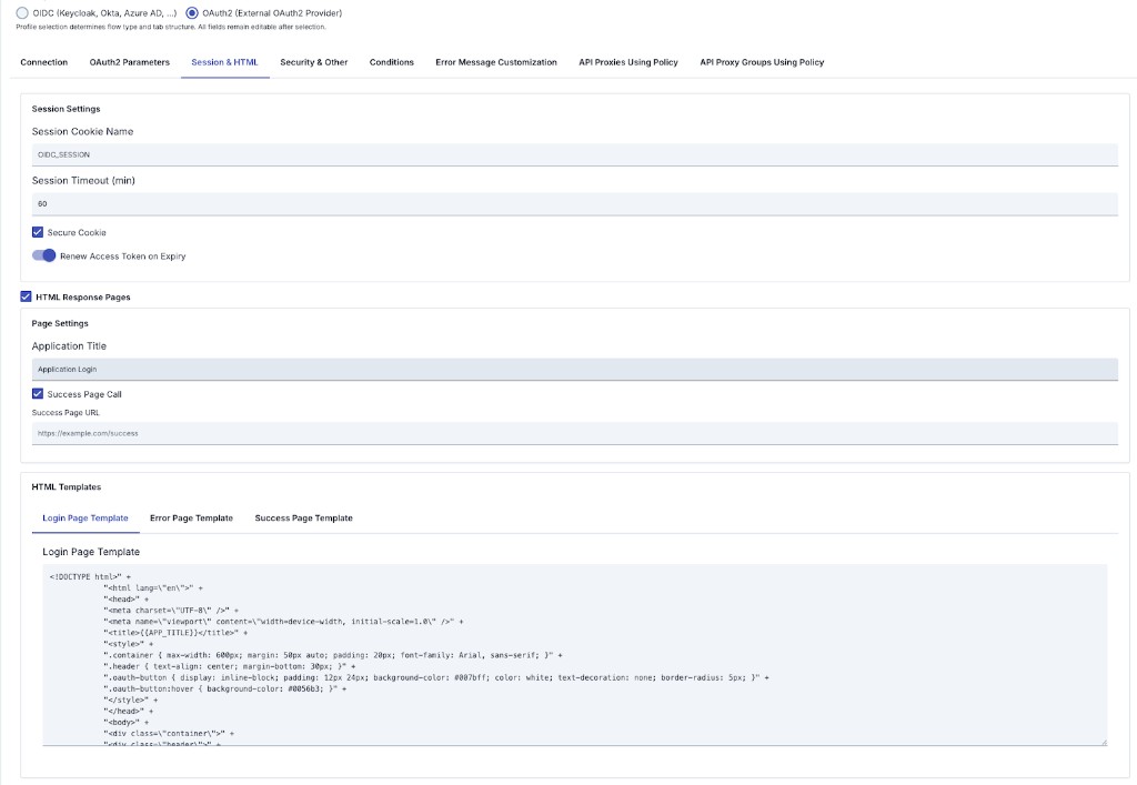 Session & HTML tab: session settings and HTML response pages