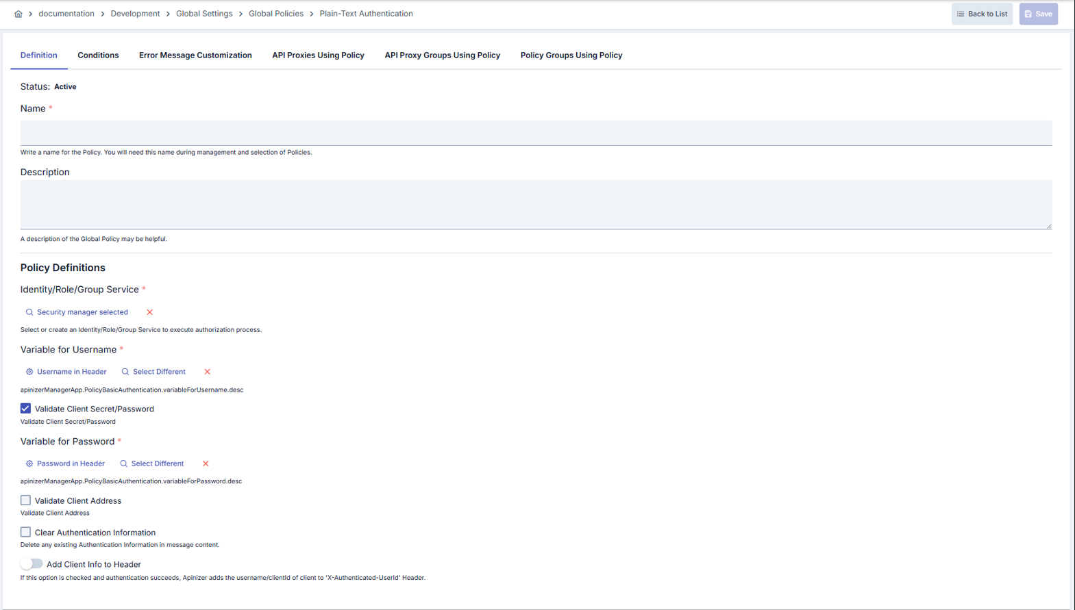 Plain Text Authentication Policy