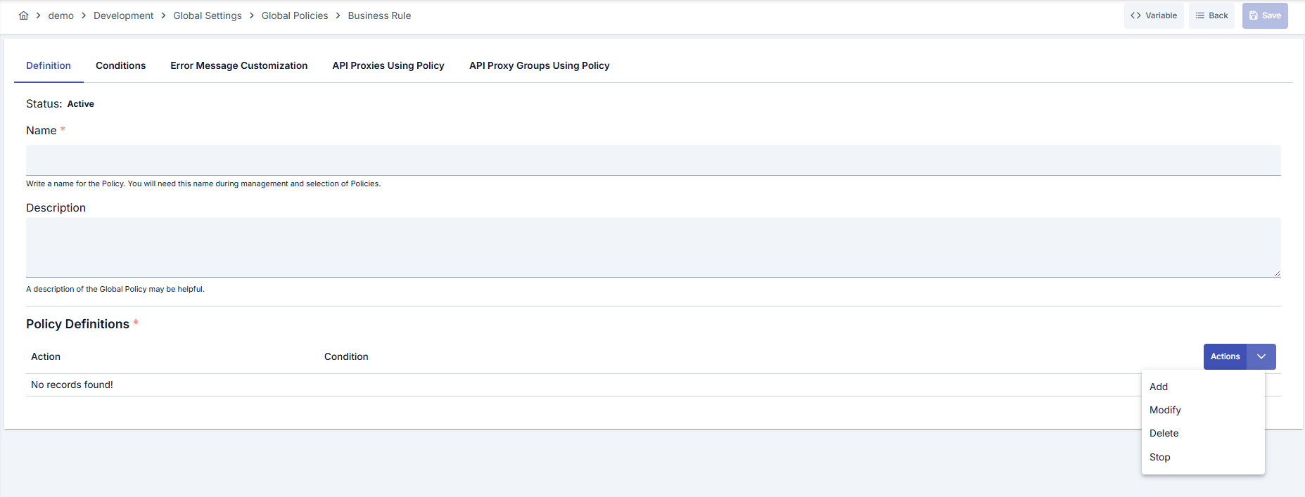 Policy Definitions and Actions menu (Add, Modify, Delete, Stop)