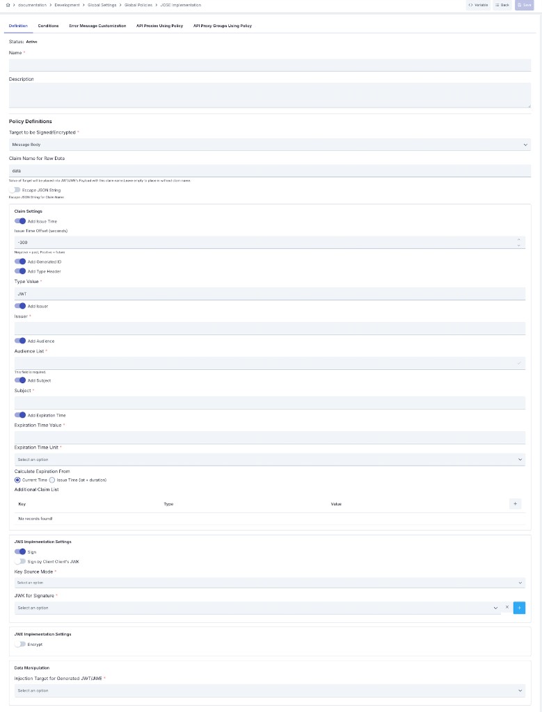 JOSE Application Policy — Definition tab