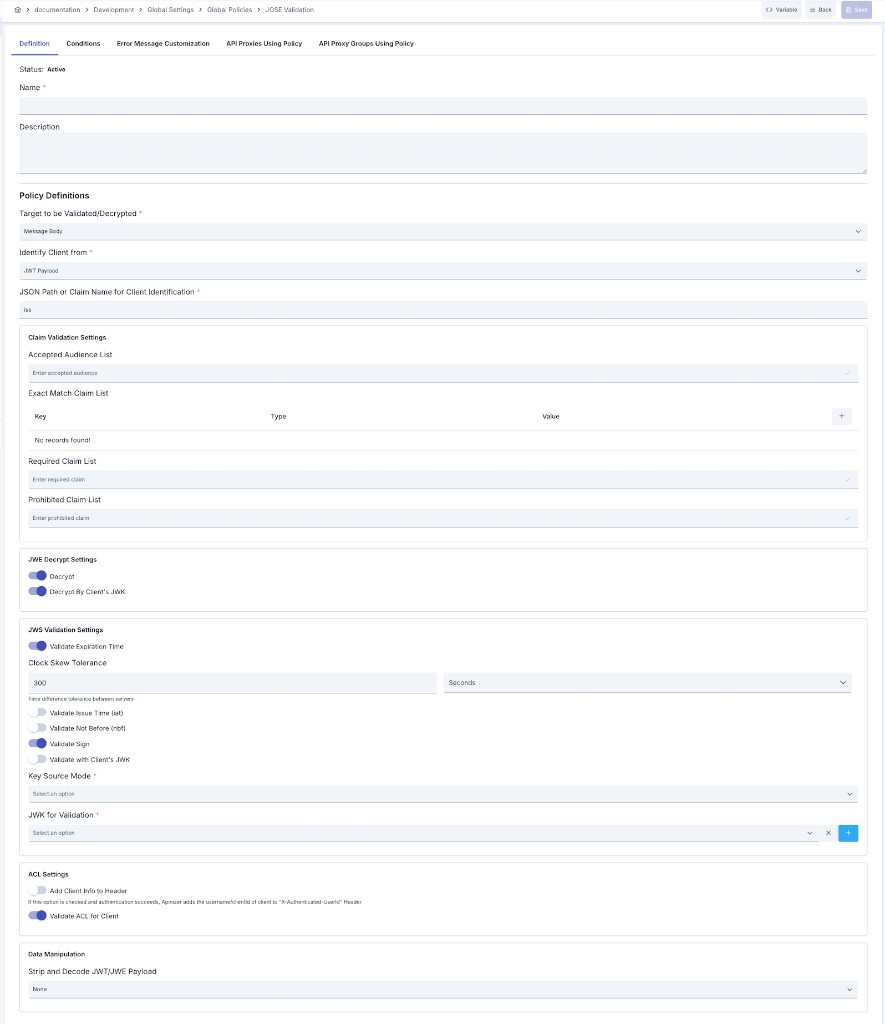 JOSE Verification Policy — Definition tab