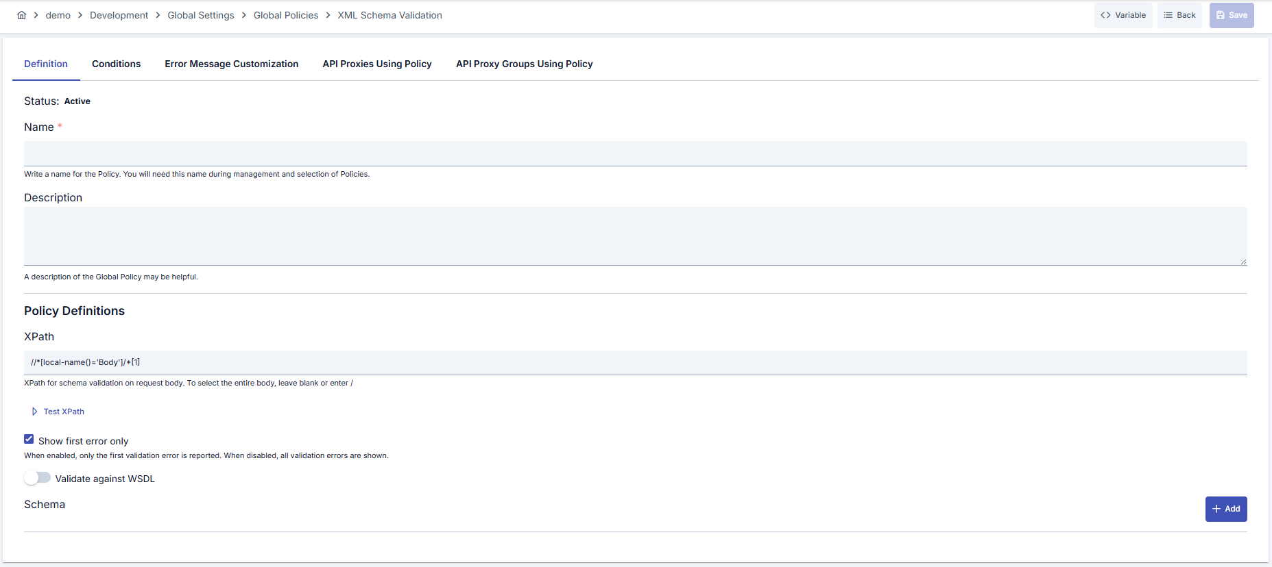 XML Schema Validation Policy