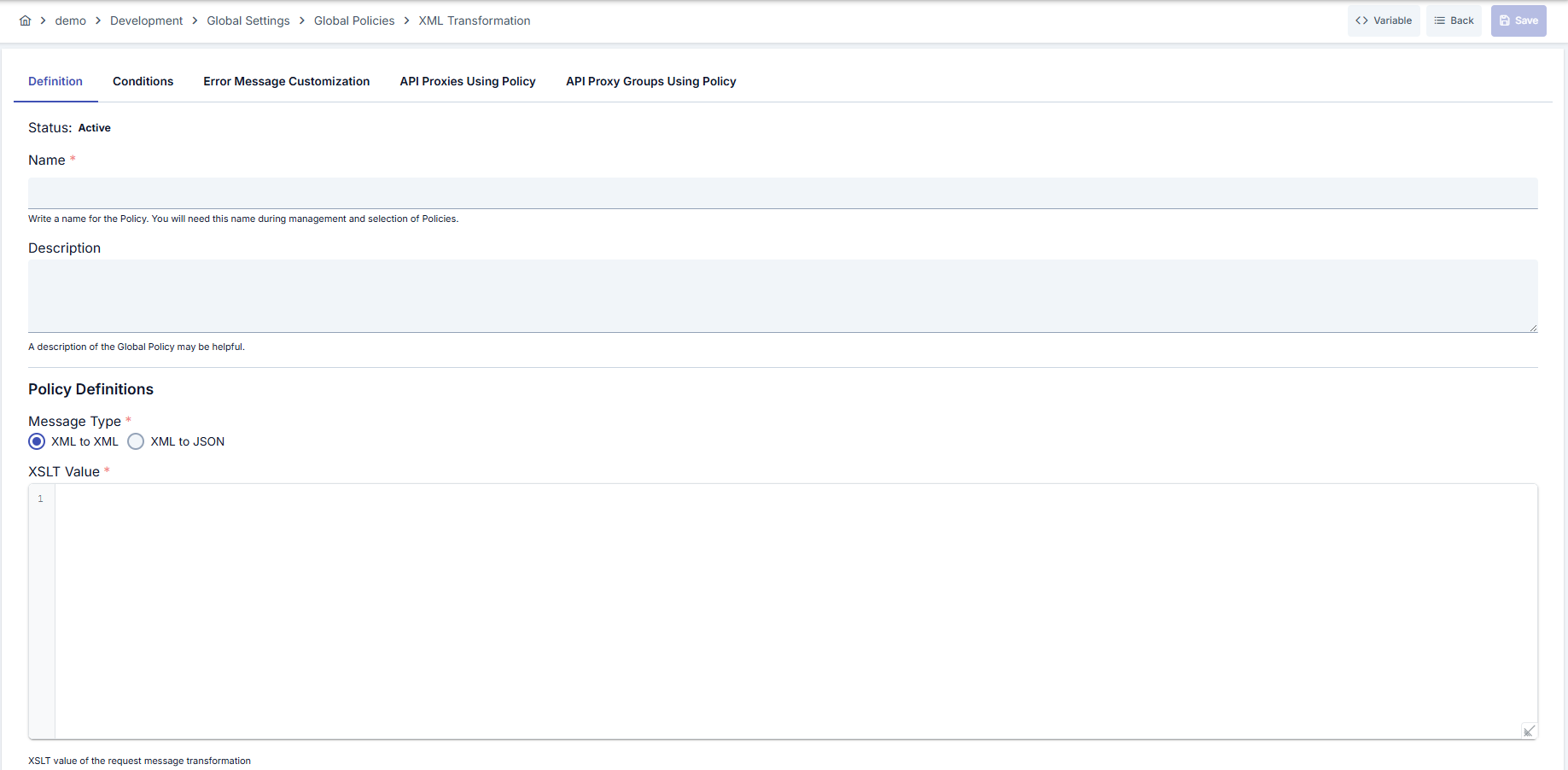 XML Transformation Policy