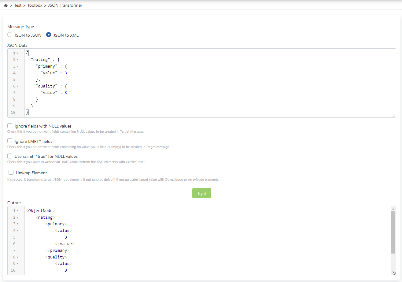 JSON to XML Dönüştürücü ayarları